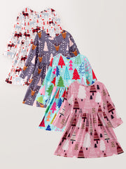 Girls Dress Of 4 PCS In One Package Christmas Print Dress