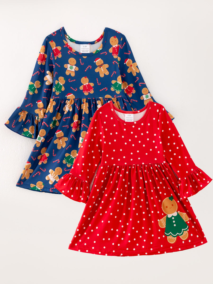 Christmas Girls Dress Of 2 Pcs In One Package Gingerbread Man Print Dress