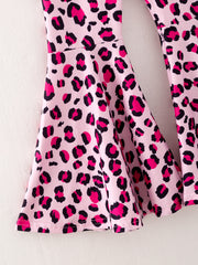 Girls Hot pink "ATTITUDE" Letter Print Top + Leopard Print Flared Pants