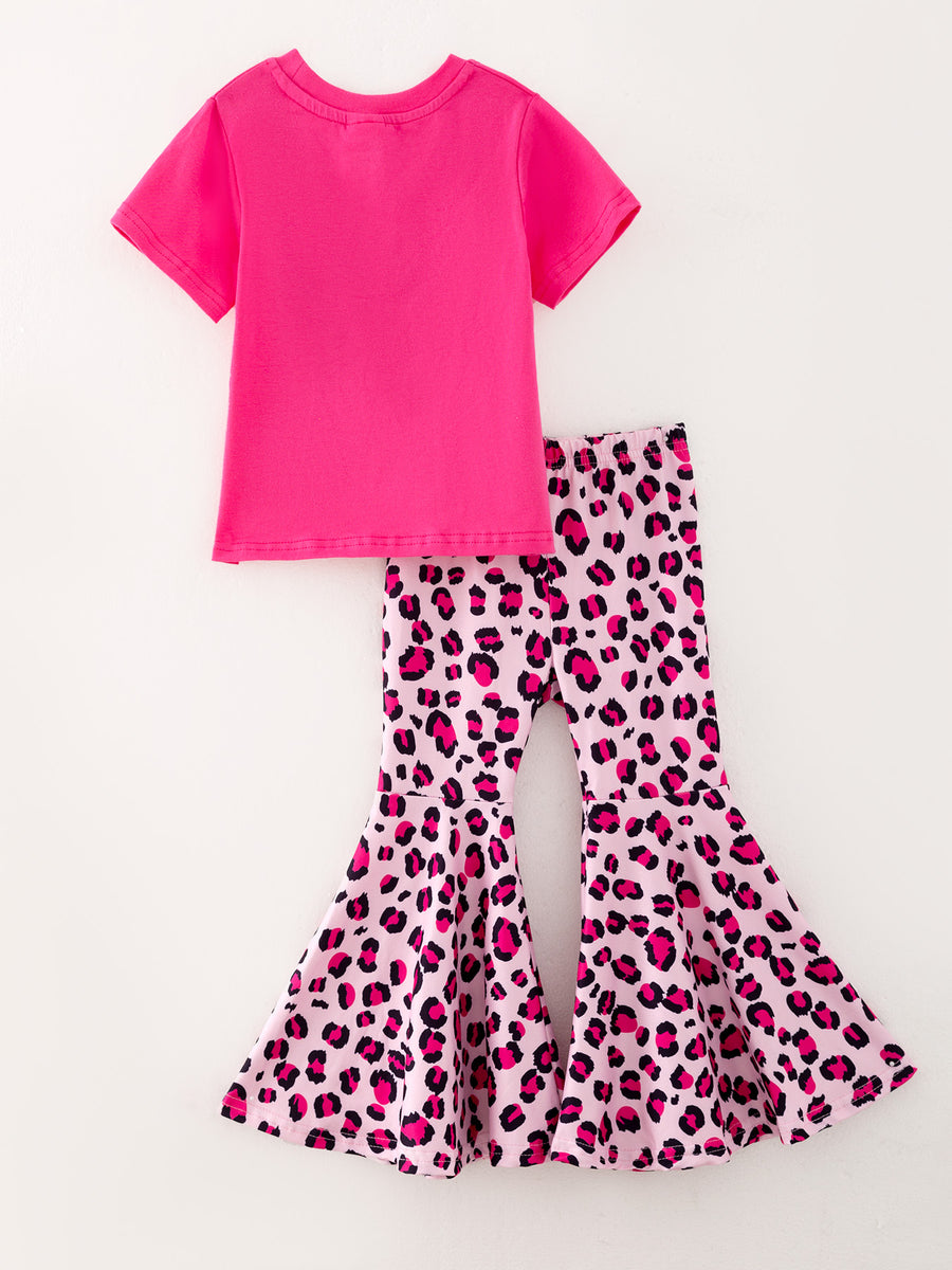 Girls Hot pink "ATTITUDE" Letter Print Top + Leopard Print Flared Pants