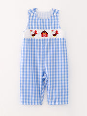 Boys Chicken Plaid Woven Smocking Embroidered Romper