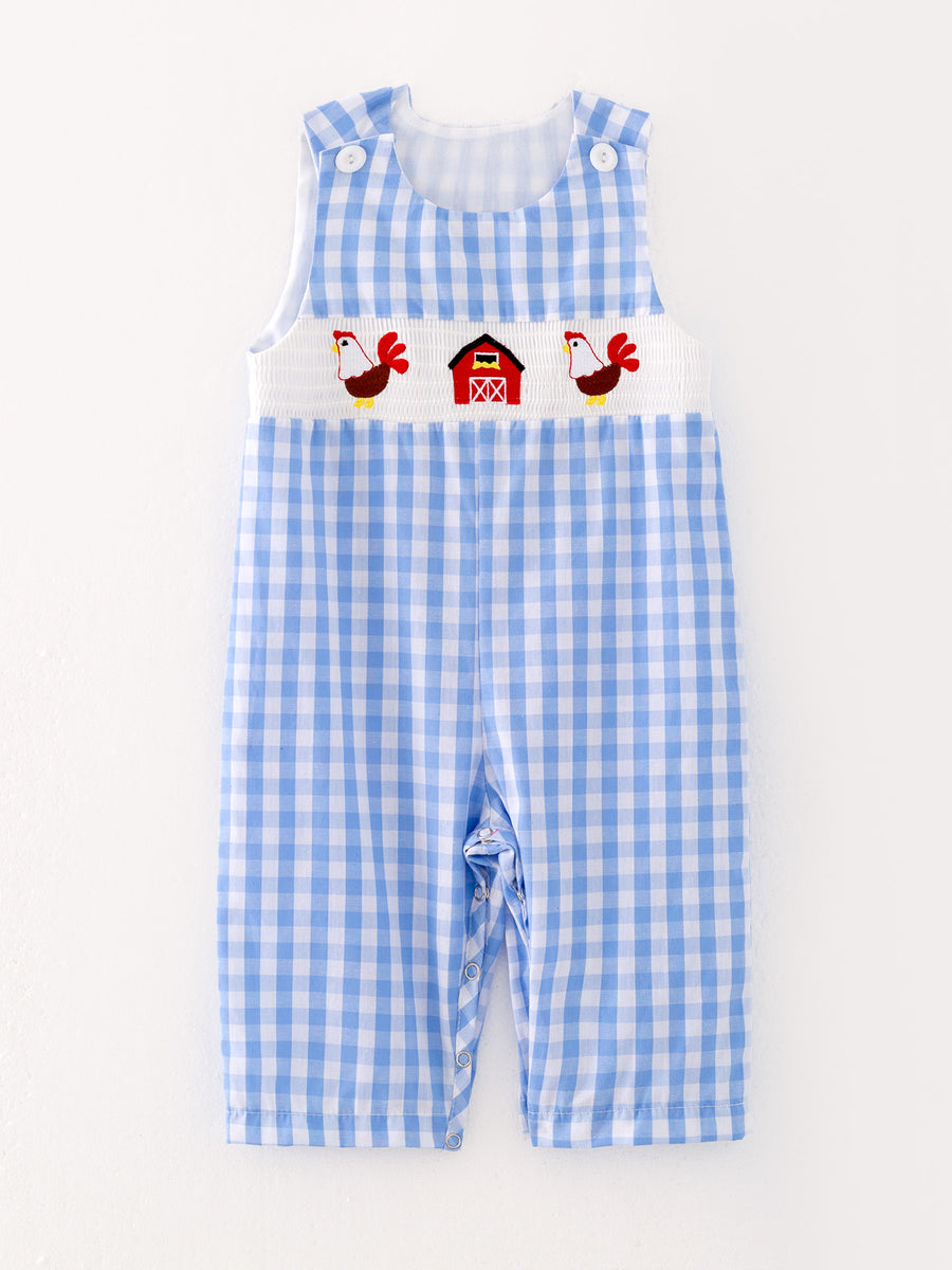 Boys Chicken Plaid Woven Smocking Embroidered Romper