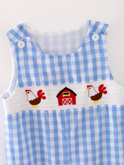 Farm Boys Turkey Plaid Woven Smocking Embroidered Romper