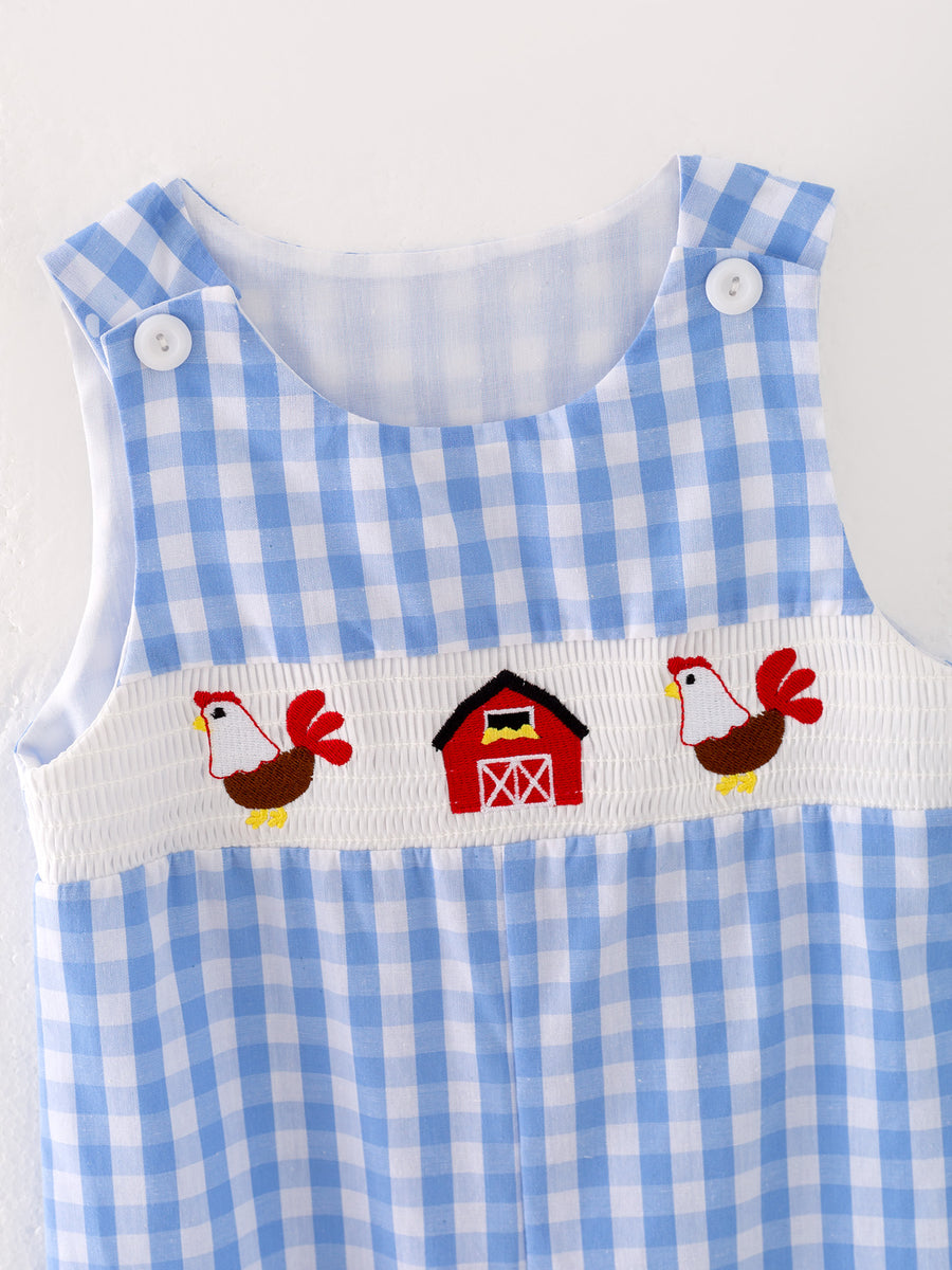 Boys Chicken Plaid Woven Smocking Embroidered Romper