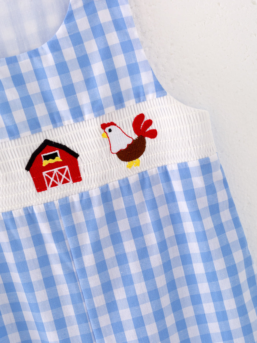 Boys Chicken Plaid Woven Smocking Embroidered Romper