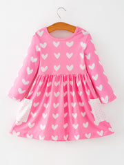 Girls Valentine’s Outfit Pink Heart Long Sleeve Dress with Pockets