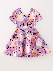 Halloween Ghost Spider Web Pumpkin Character Print Short Sleeve Dress