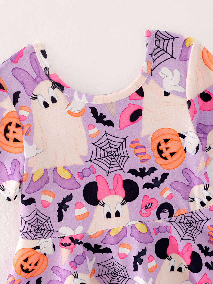 Halloween Ghost Spider Web Pumpkin Character Print Short Sleeve Dress