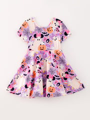 Halloween Ghost Spider Web Pumpkin Character Print Short Sleeve Dress