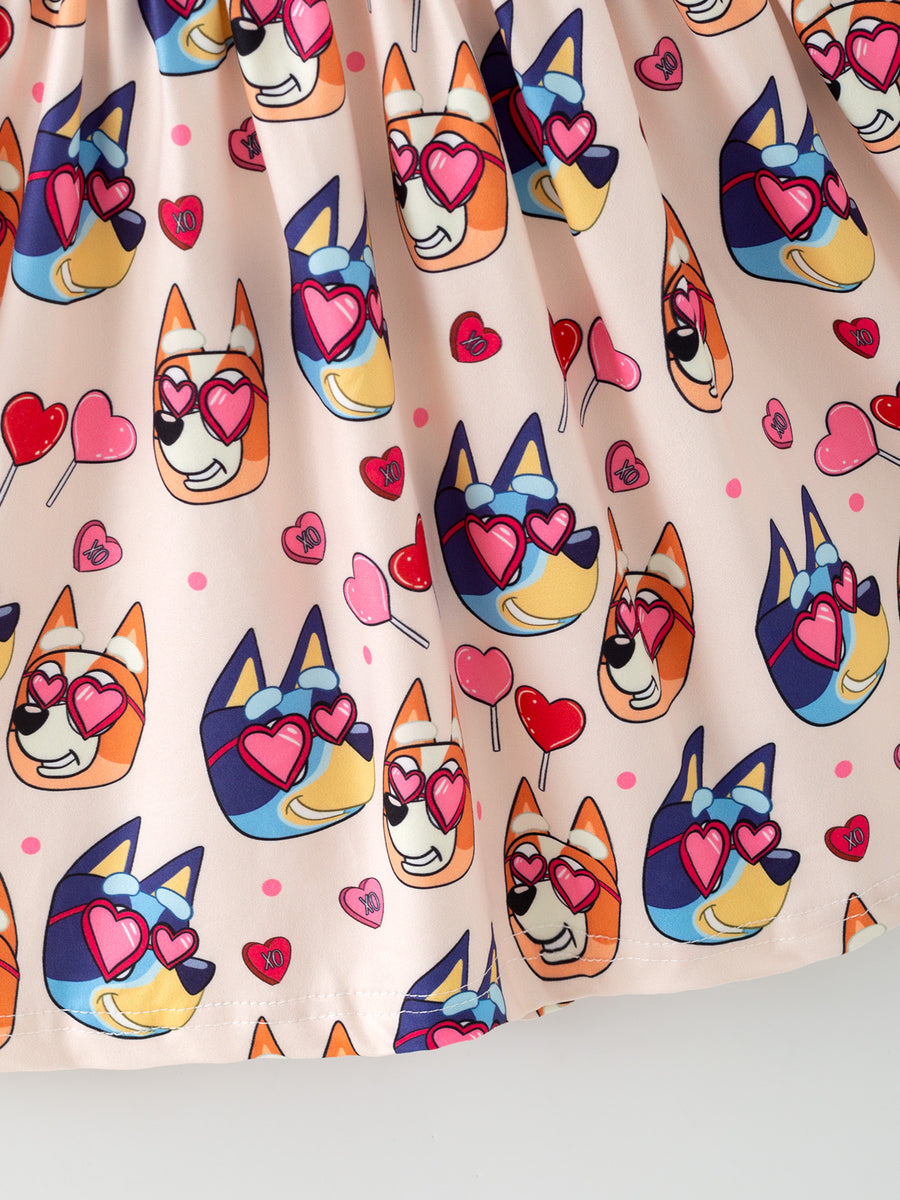 Girls' Valentine's Day Character Print Love Lollipop Ruffle Sleeve Dress