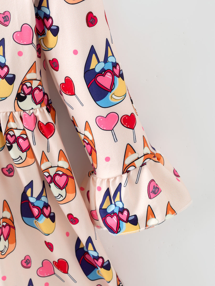 Girls' Valentine's Day Character Print Love Lollipop Ruffle Sleeve Dress