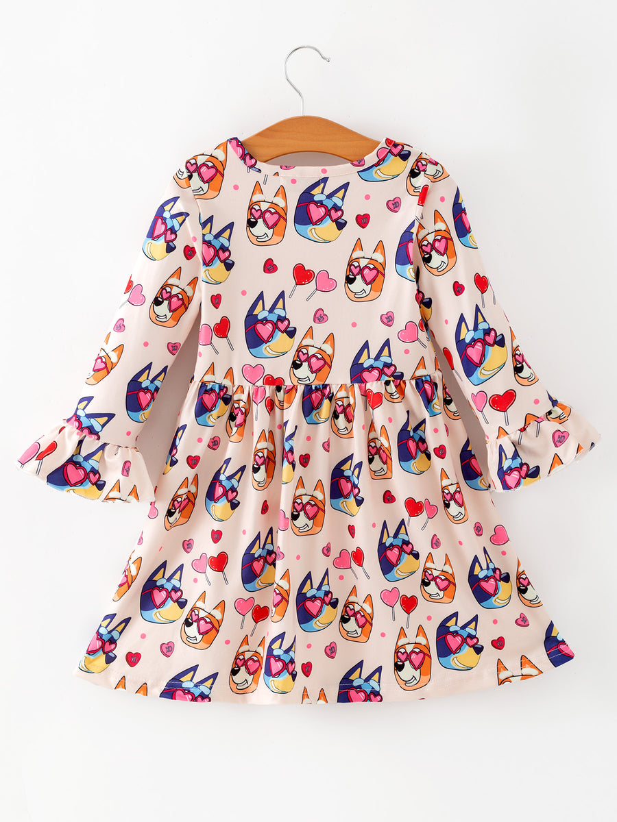 Girls' Valentine's Day Character Print Love Lollipop Ruffle Sleeve Dress