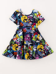 Girls Halloween Ghost Bat Skull Print Dress