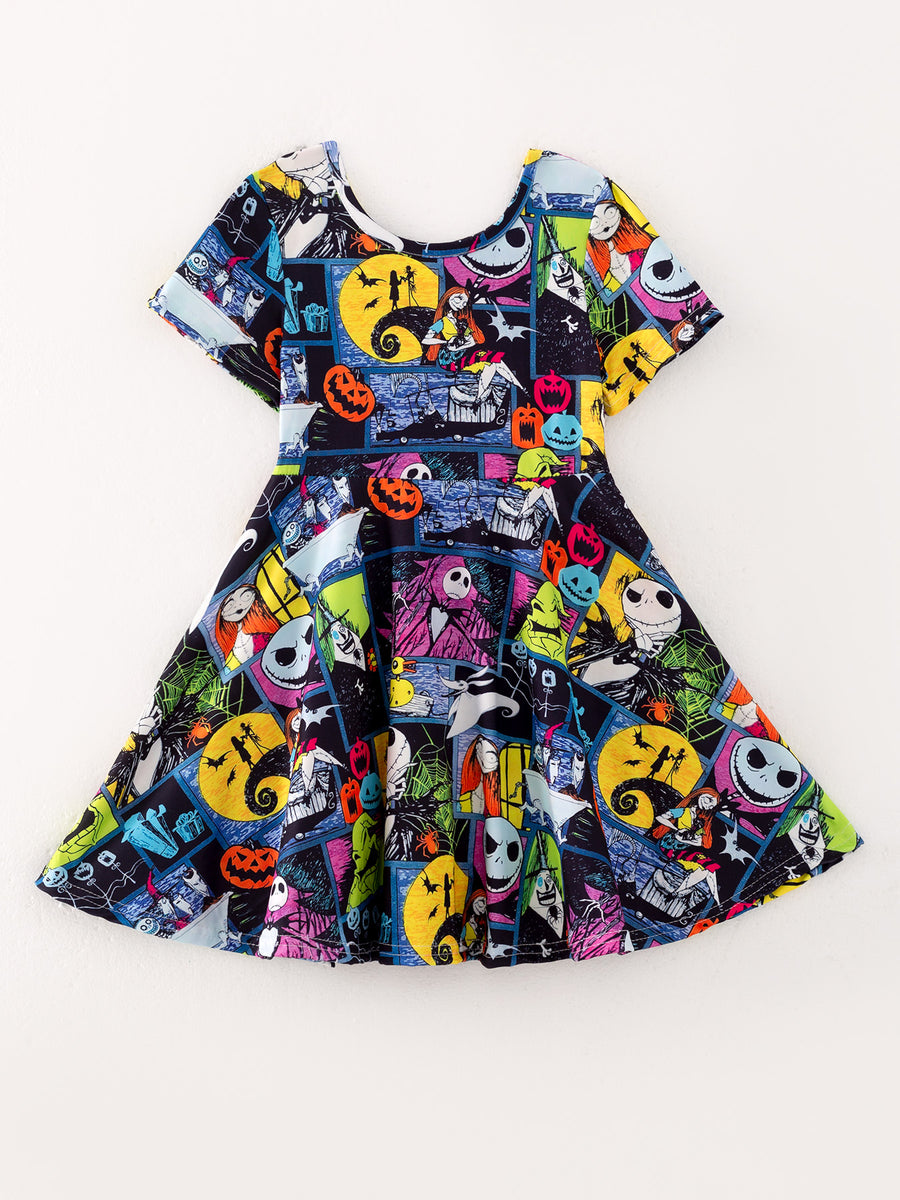 Girls Halloween Ghost Bat Skull Print Dress