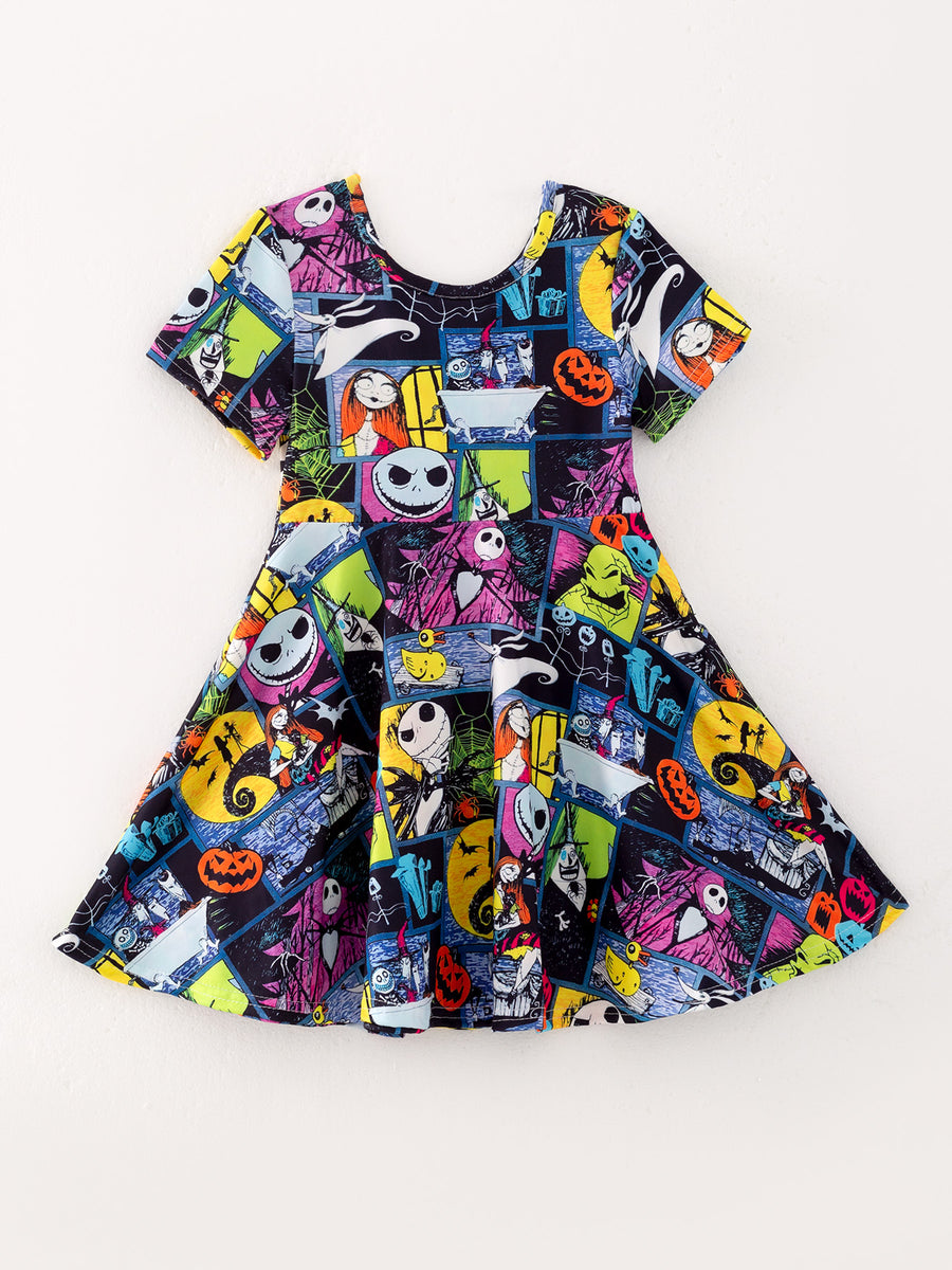 Girls Halloween Ghost Bat Skull Print Dress