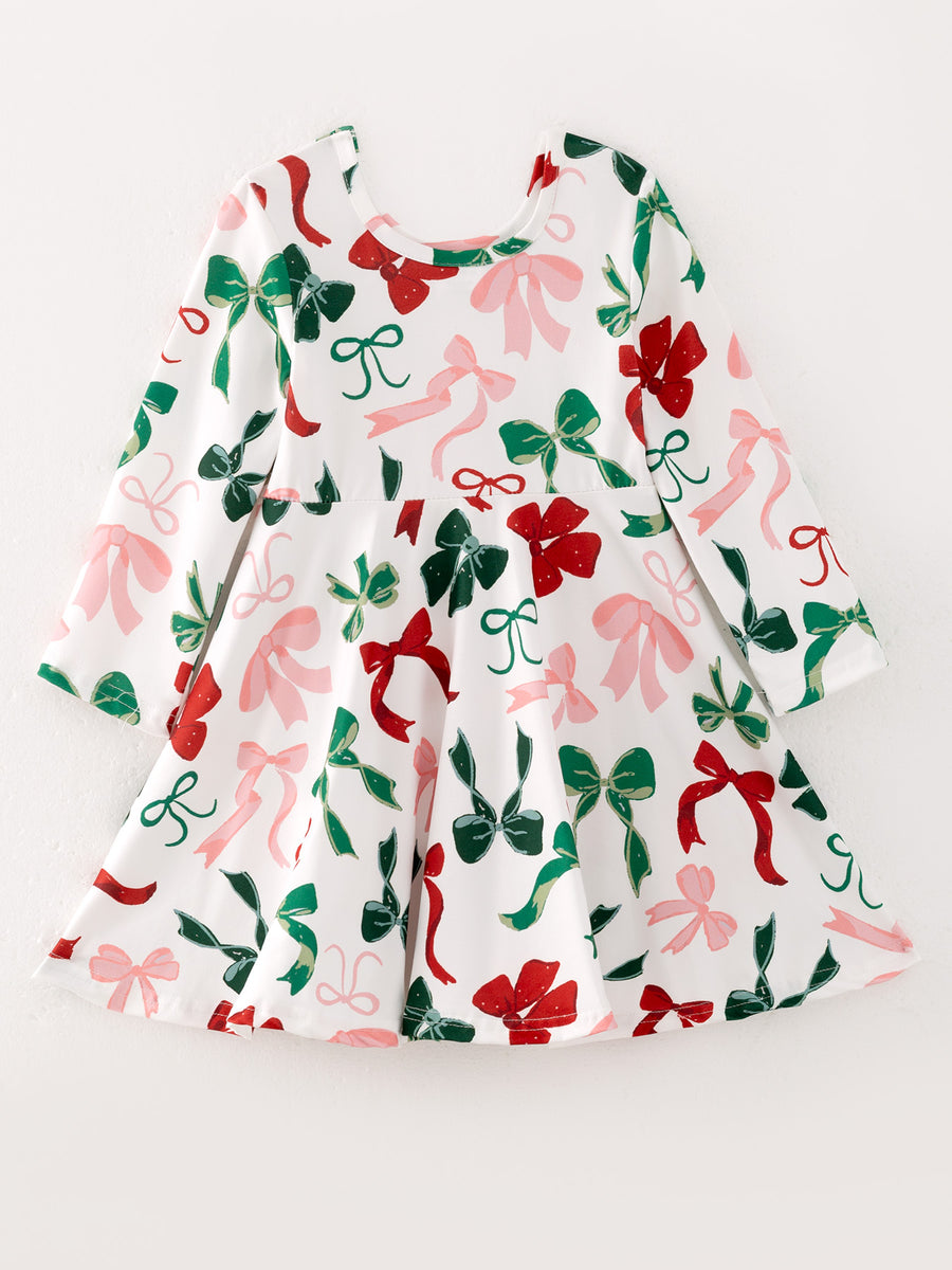 Girls Christmas Bow Print Dress