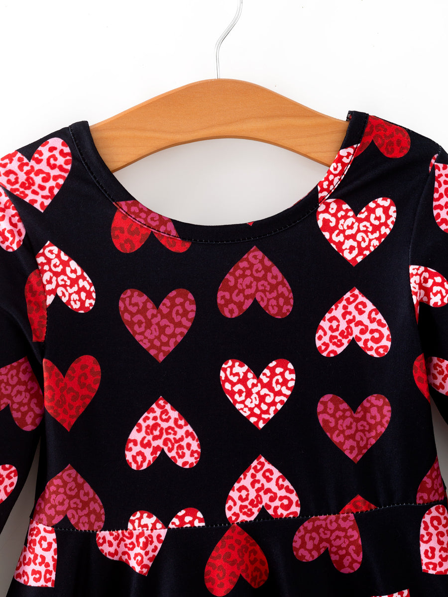 Girls Valentine's Day Black Dress With Leopard Heart Print