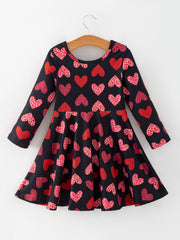 Girls Valentine's Day Black Dress With Leopard Heart Print