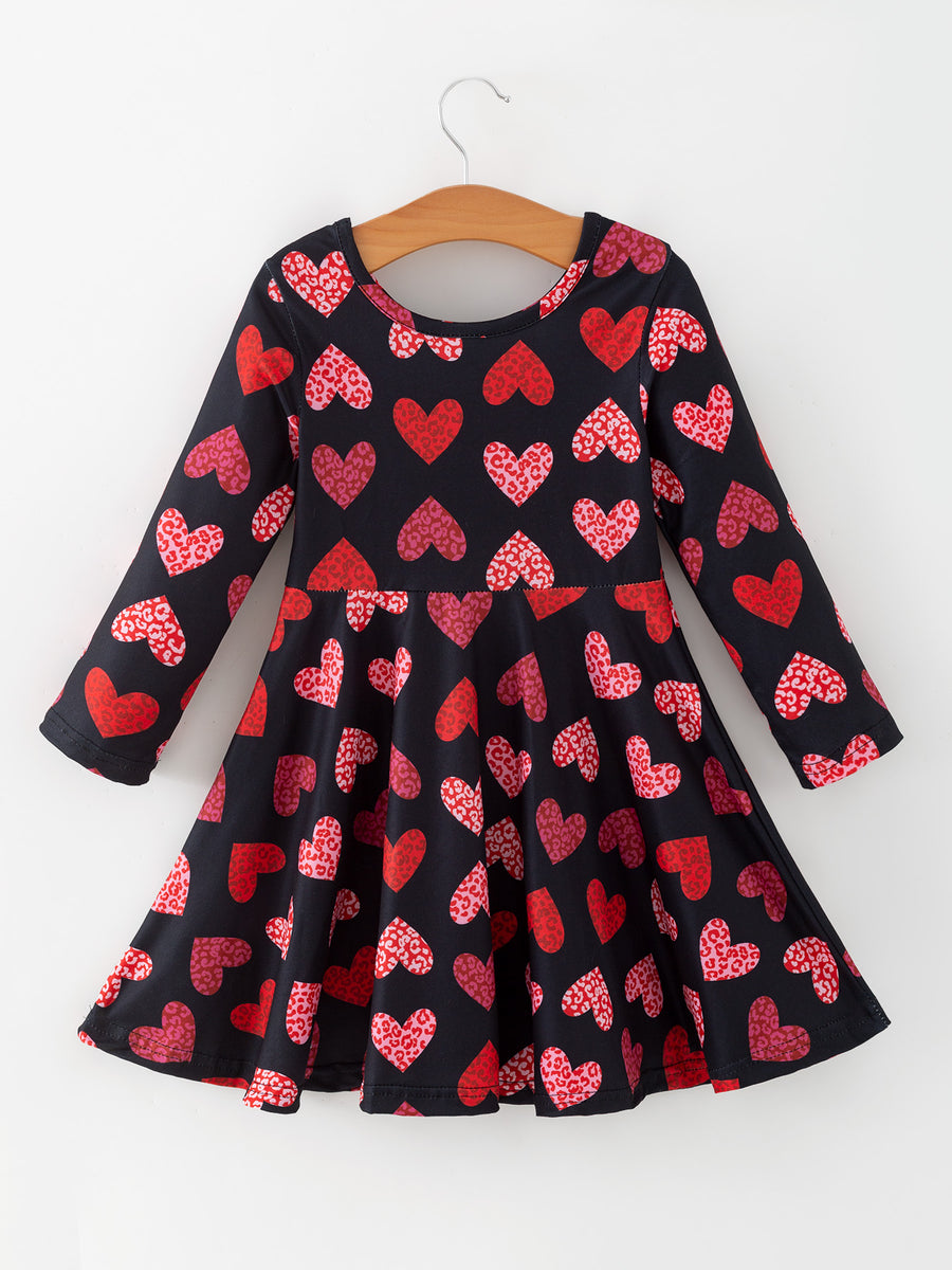 Girls Valentine's Day Black Dress With Leopard Heart Print