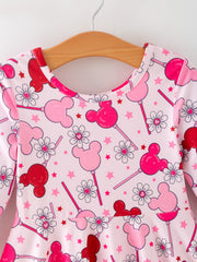 Valentine Dress for Girls – Pink Dress with Daisy & Lollipop Print