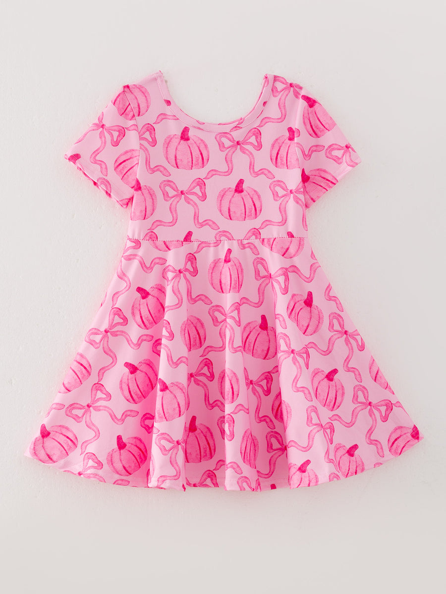 Girls Halloween Pumpkin Bow Pink Dress