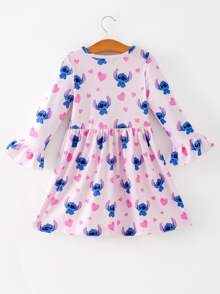 Valentine's Day Character Print Ruffle Long Sleeve Girls Dress