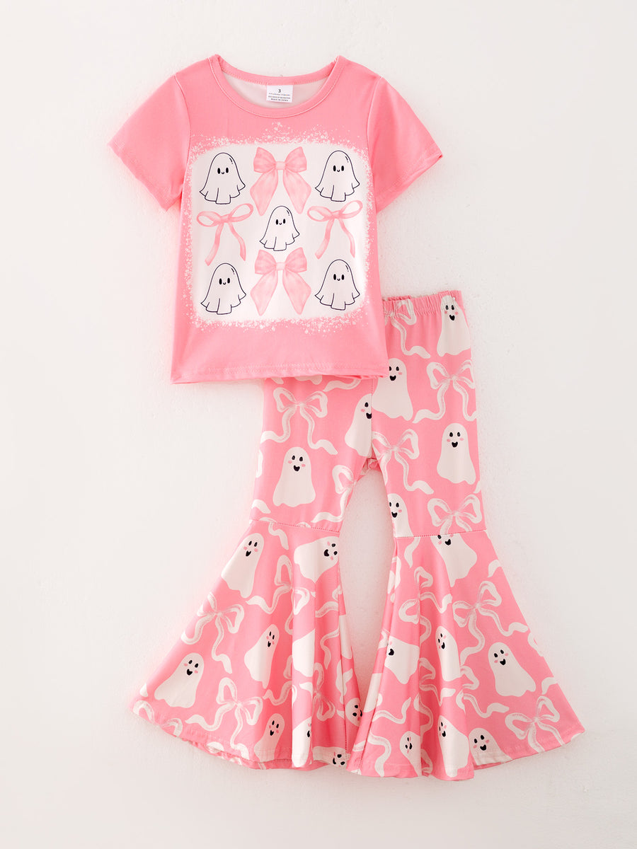 Halloween Light Pink Ghost Bow Short Sleeved Top + Bell-Bottom Pants Set