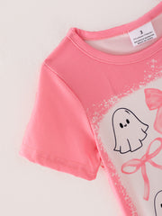 Halloween Light Pink Ghost Bow Short Sleeved Top + Bell-Bottom Pants Set