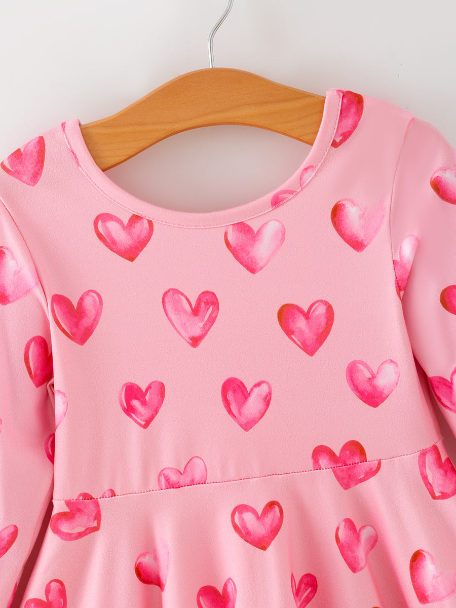 Girls Valentine Party Dress – Pink Heart Print Long Sleeve