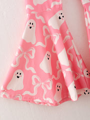 Halloween Light Pink Ghost Bow Short Sleeved Top + Bell-Bottom Pants Set