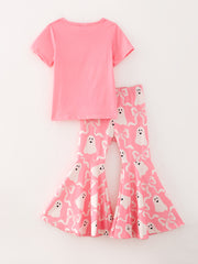 Halloween Light Pink Ghost Bow Short Sleeved Top + Bell-Bottom Pants Set