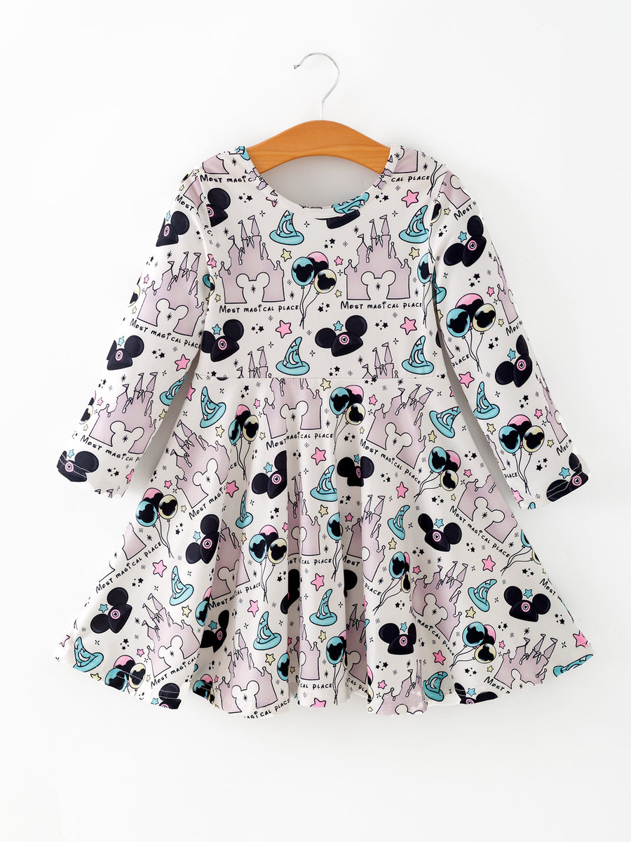 Valentine's Day Girls Castle Character Print Long Sleeve Dress