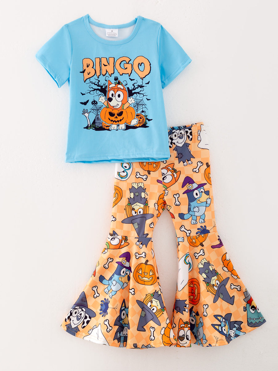 Girls Halloween "Bingo" Letter Top + Floral Pants Set