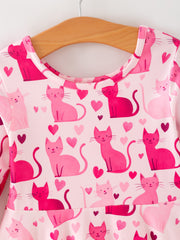 Valentine Toddler Girls Pink Cat Dress – Long Sleeve Heart Print Outfit