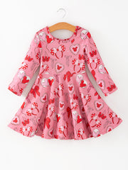 Toddler Girls Valentine Party Pink Dress – Red Bow Heart Print Outfit