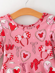 Toddler Girls Valentine Party Pink Dress – Red Bow Heart Print Outfit