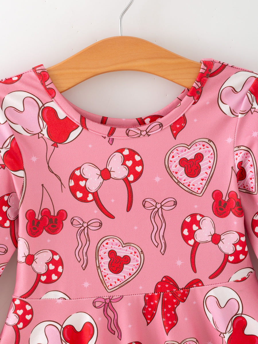 Toddler Girls Valentine Party Pink Dress – Red Bow Heart Print Outfit