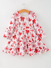 Toddler Girls Valentine Party Dress – Red Bow Heart Print Outfit
