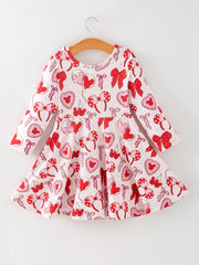 Toddler Girls Valentine Party Dress – Red Bow Heart Print Outfit