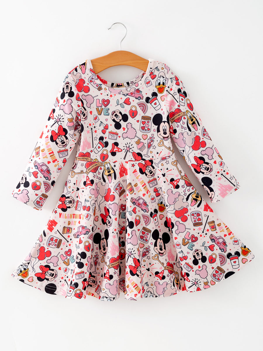 Valentine's Day Girls Balloon Fireworks Character Print Long Sleeve Dress