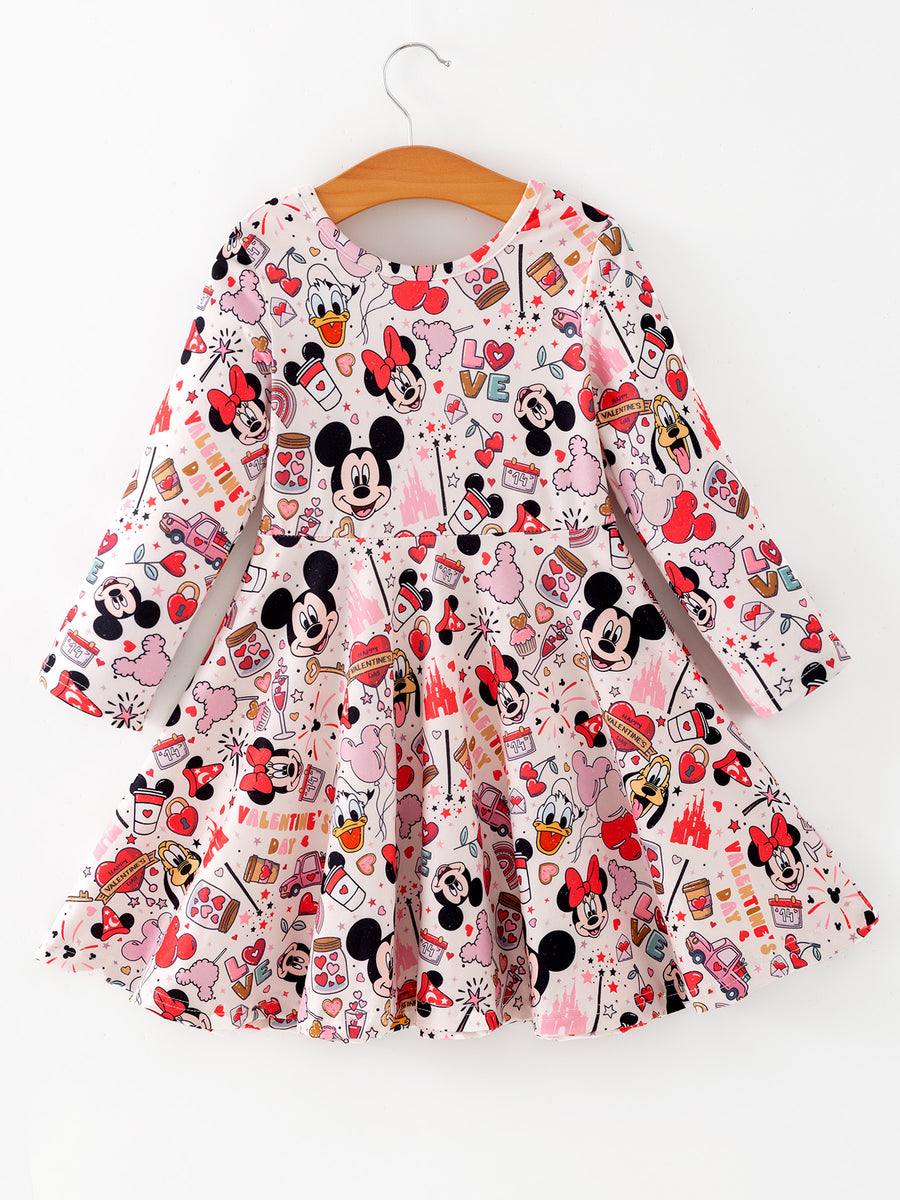Valentine's Day Girls Balloon Fireworks Character Print Long Sleeve Dress