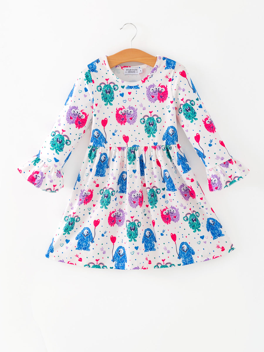Toddler Girls Valentine Dress – Colorful Monster Balloon Print