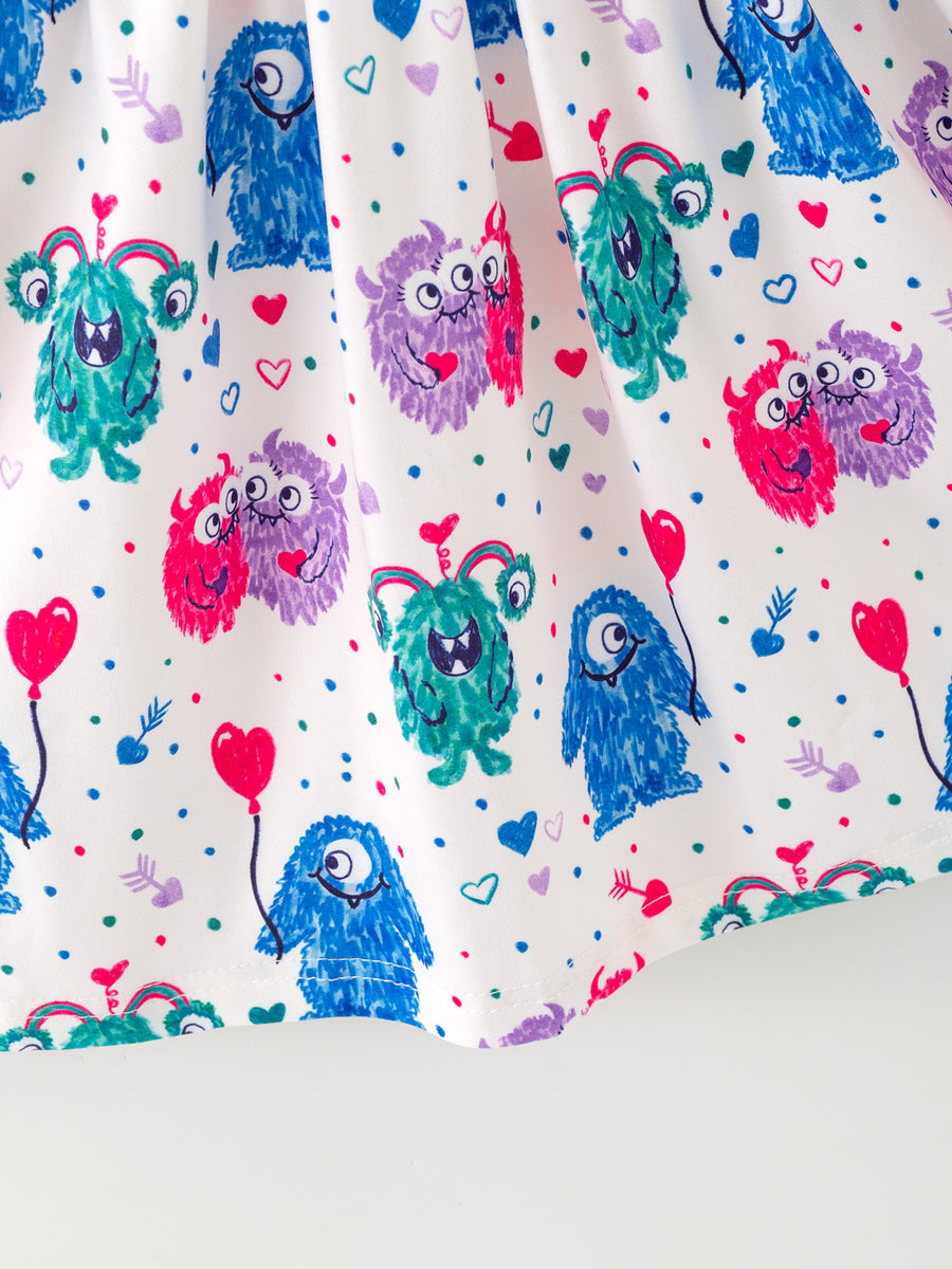 Toddler Girls Valentine Dress – Colorful Monster Balloon Print – Rylee Faith Designs Toddler Girls Valentine Dress – Colorful Monster Balloon Print – Rylee Faith Designs