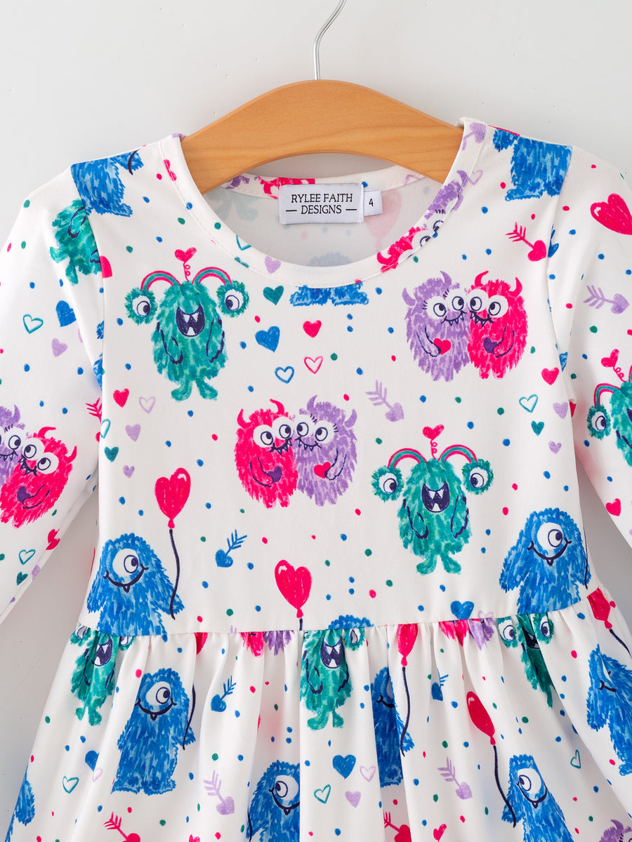 Toddler Girls Valentine Dress Colorful Monster Balloon Print Rylee Faith Designs Toddler Girls Valentine Dress Colorful Monster Balloon Print Rylee Faith Designs
