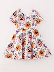 Halloween Girls Pumpkin Bow Print Short Sleeve Dress