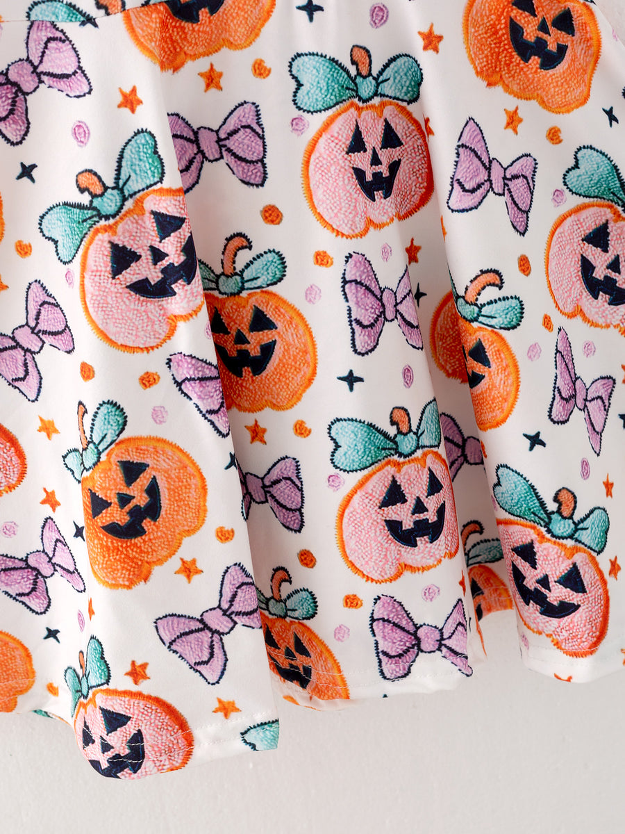 Halloween Girls Pumpkin Bow Print Short Sleeve Dress