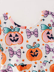 Halloween Girls Pumpkin Bow Print Short Sleeve Dress