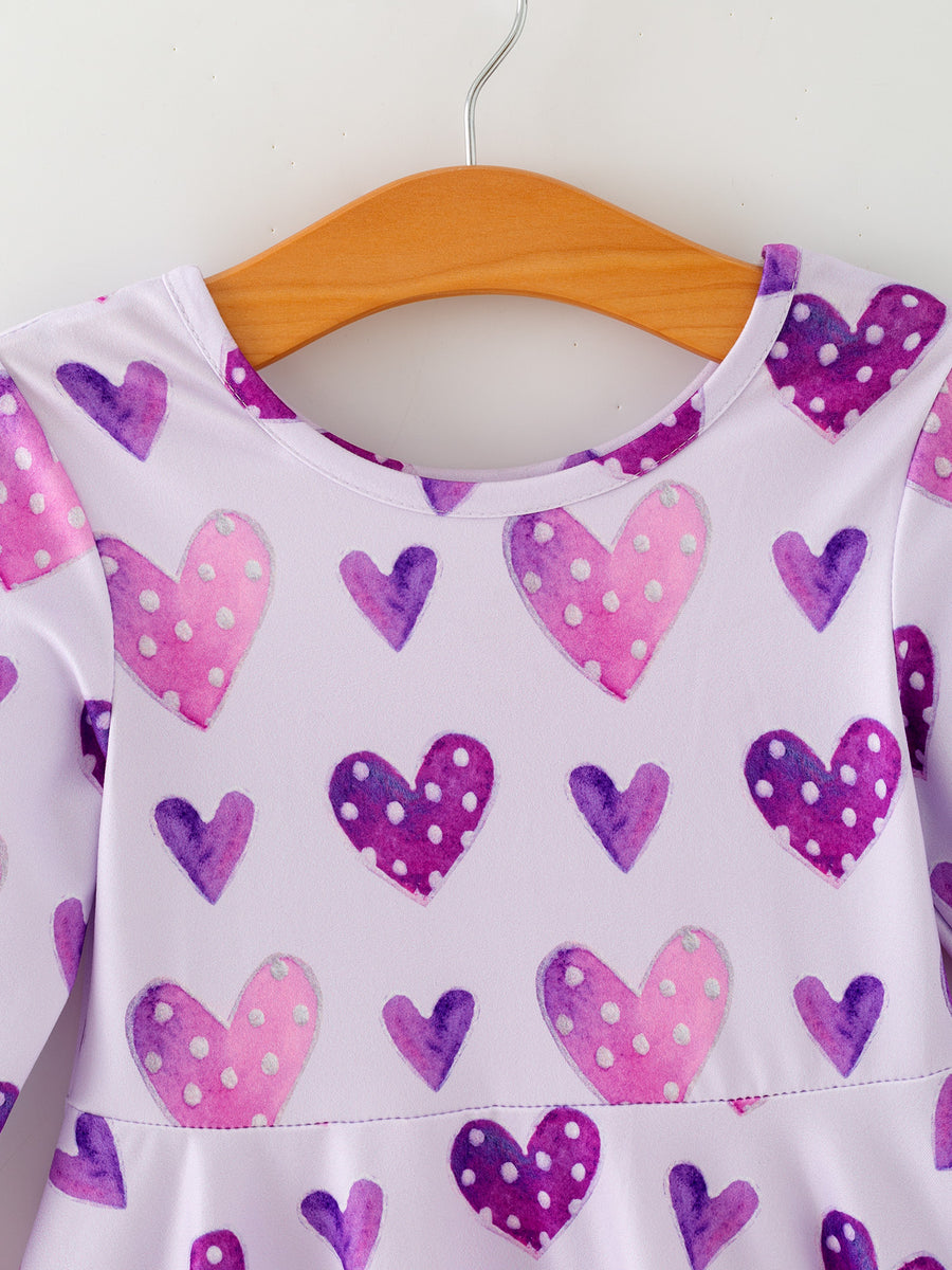 Girls Valentine's Day Cute Purple Heart Polka Dot Dress