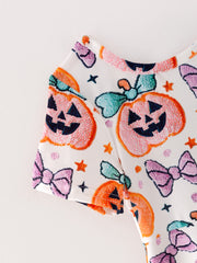 Halloween Girls Pumpkin Bow Print Short Sleeve Dress