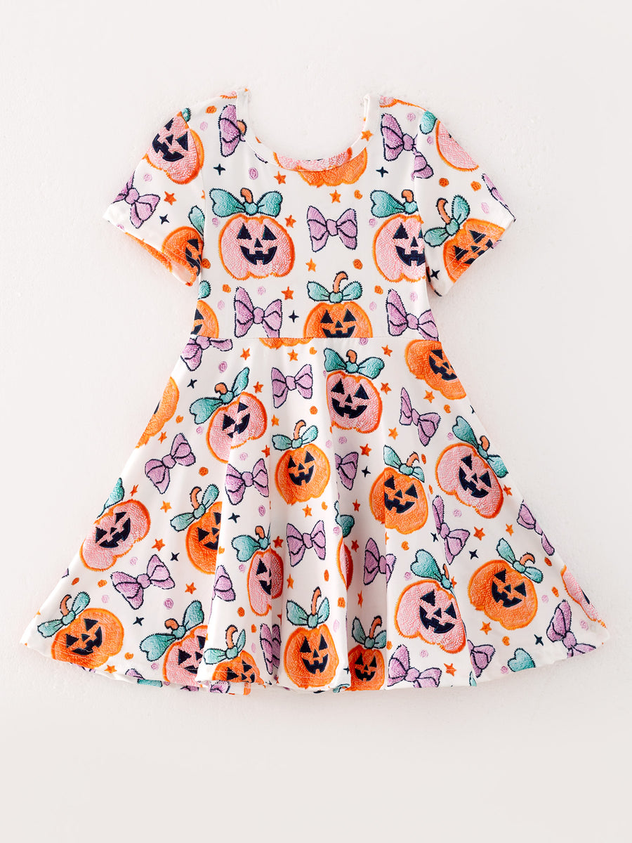 Halloween Girls Pumpkin Bow Print Short Sleeve Dress